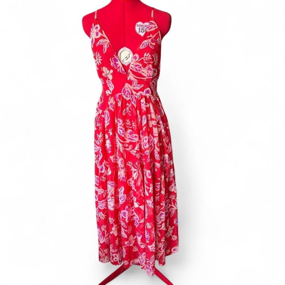 Vici Wedding Guest Collection Size Medium Red Floral Backless Midi Maxi Dress
